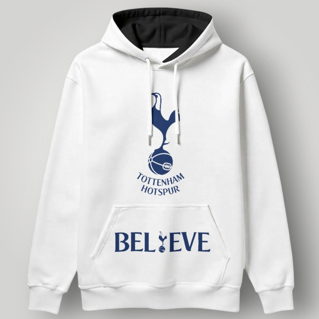 Tottenham Hotspur "BELIEVE" Edition White Hoodie - Two-Tone Contrast Hood & Spurs Crest