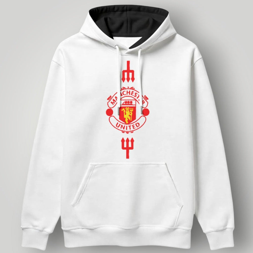 Manchester United Vertical Trident Hoodie - White & Black MUFC Two-Tone Graphic Sweatshirt