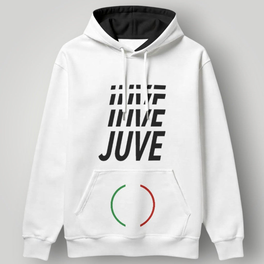 Juventus "JUVE" Repeating Typography Hoodie - Italian Tricolore Circle Crest Fan Gear