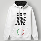 Juventus "JUVE" Repeating Typography Hoodie - Italian Tricolore Circle Crest Fan Gear