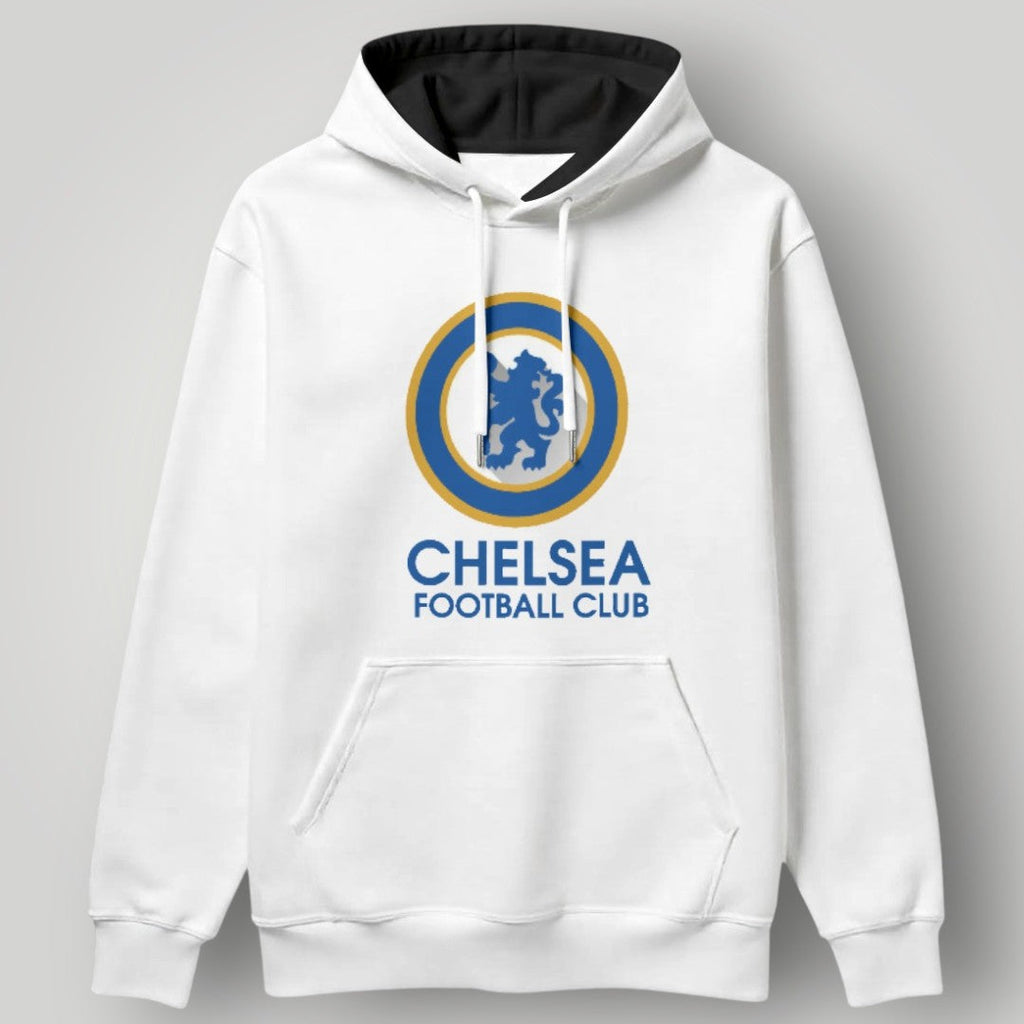 Chelsea FC Clean White Minimalist Hoodie – Blue & Gold Lion Crest Urban Pullover