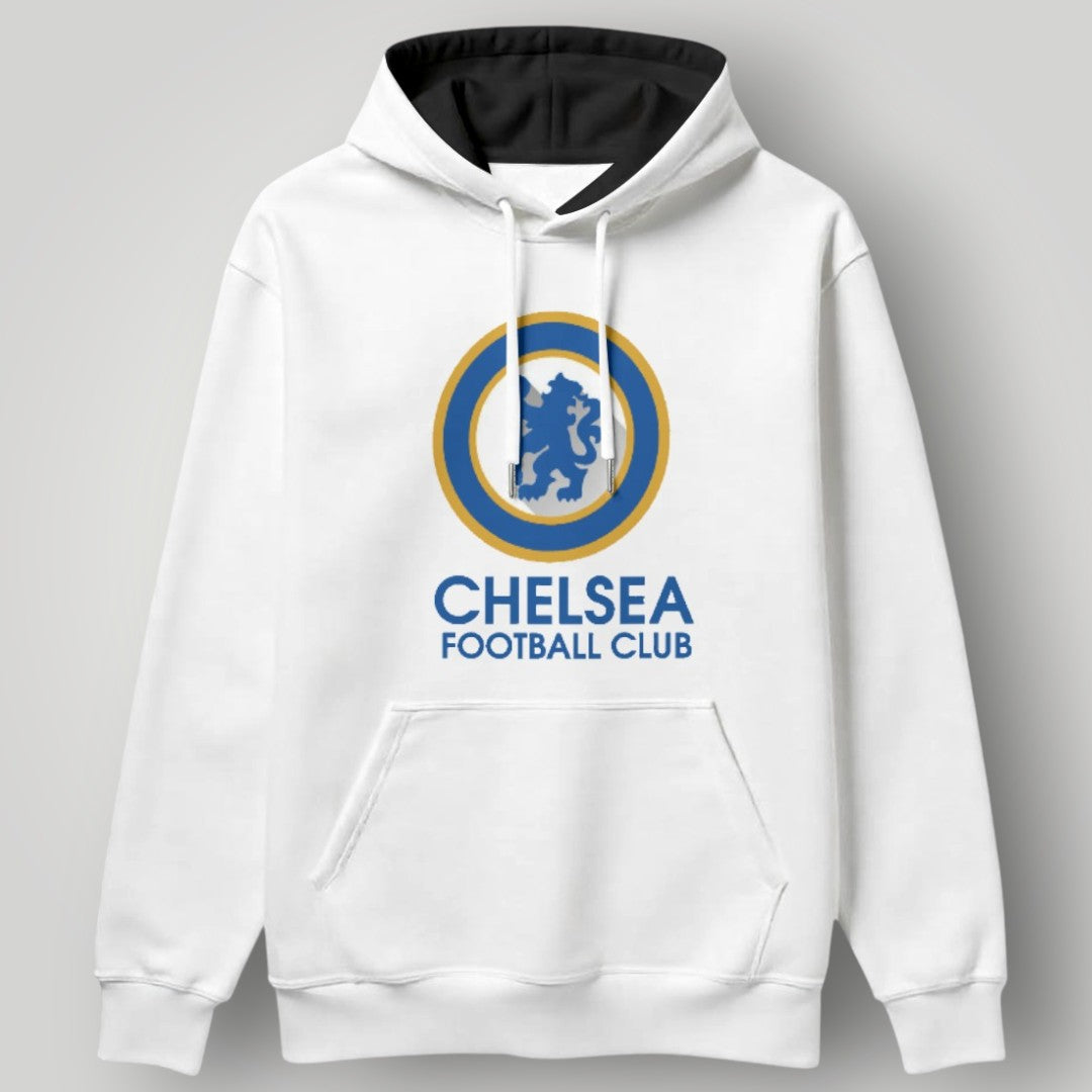 Chelsea FC Clean White Minimalist Hoodie – Blue & Gold Lion Crest Urban Pullover