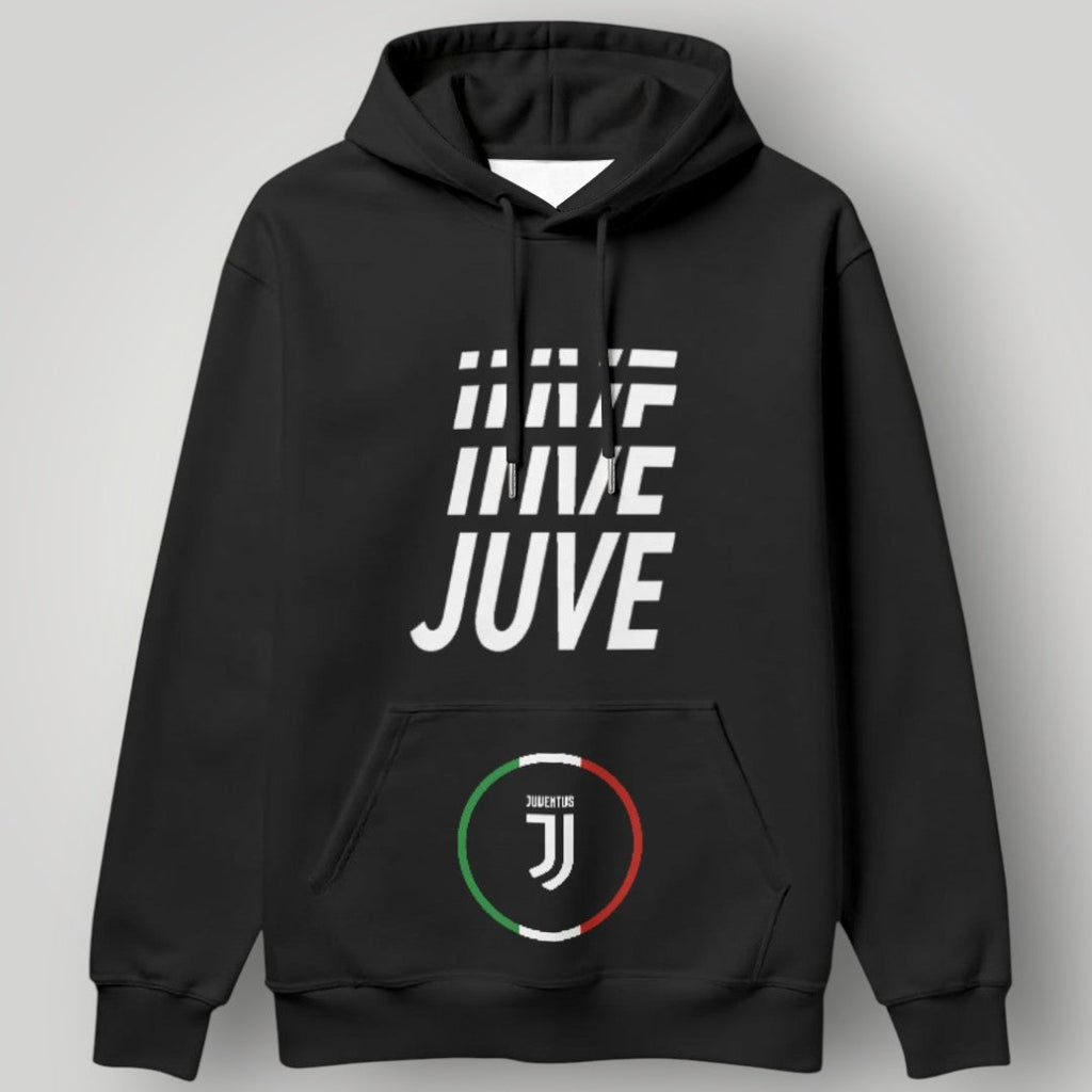 Juventus "JUVE" Repeating Typography Hoodie - Italian Tricolore Circle Crest Fan Gear