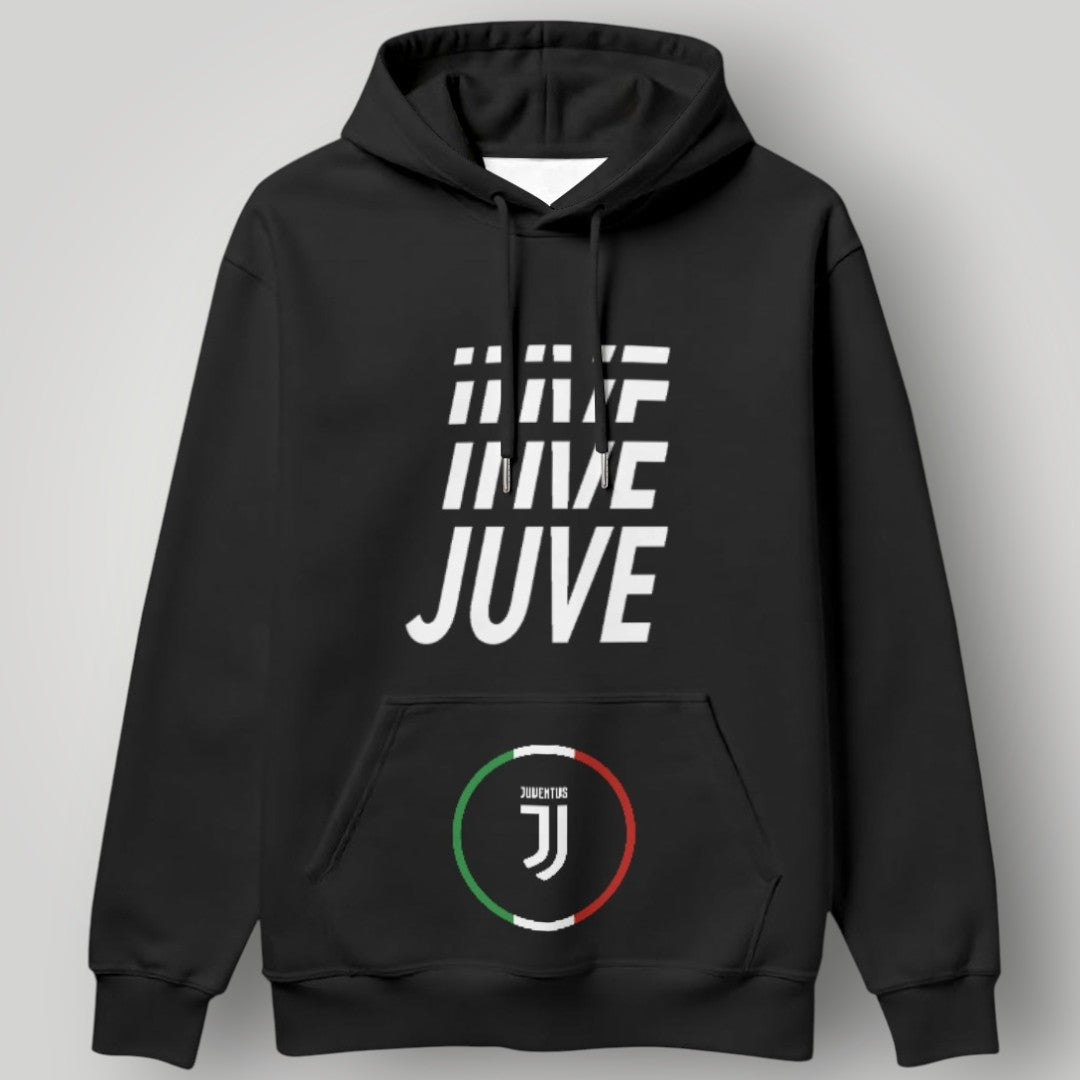Juventus "JUVE" Repeating Typography Hoodie - Italian Tricolore Circle Crest Fan Gear