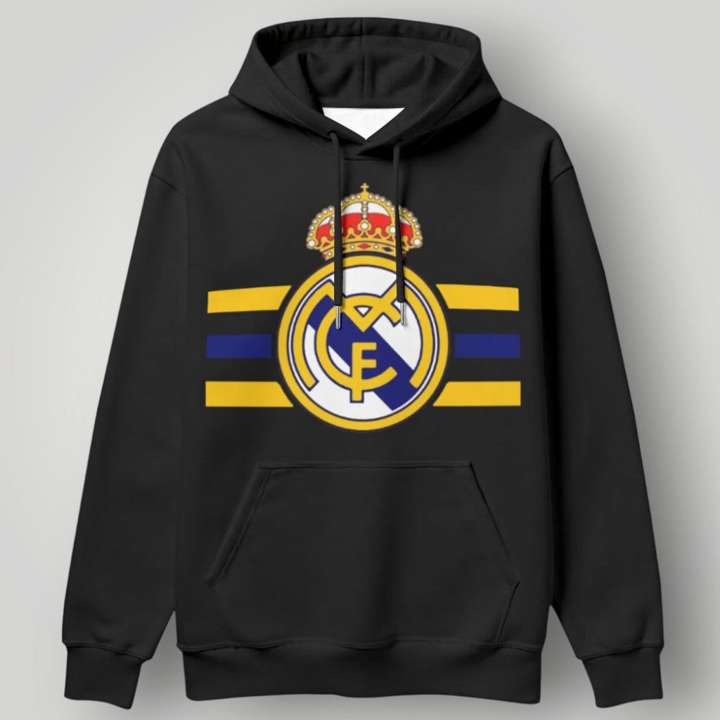 Real Madrid Victory Stripe Hoodie - Horizontal Royal Crest Black Fan Pullover