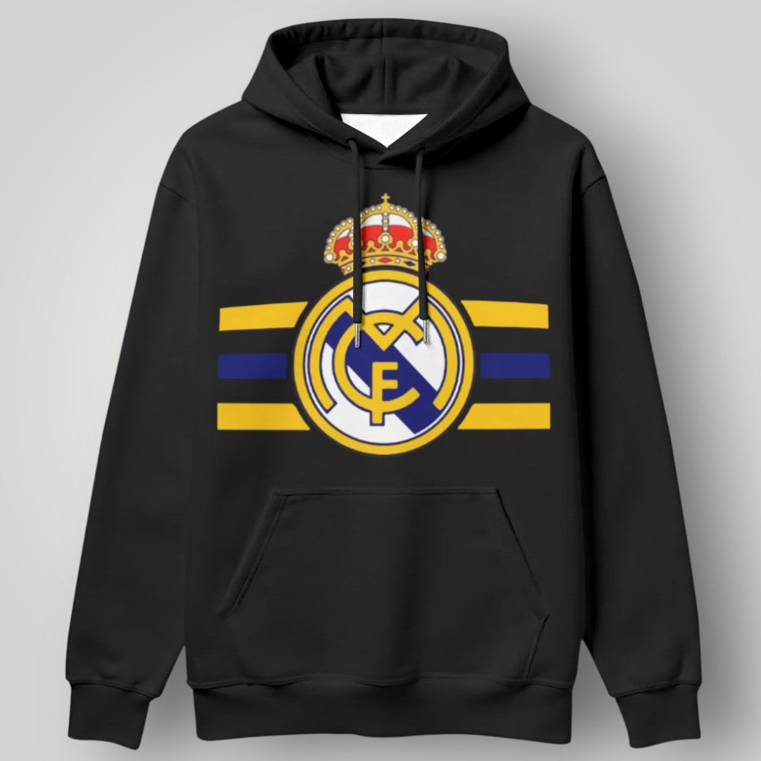 Real Madrid Victory Stripe Hoodie - Horizontal Royal Crest Black Fan Pullover