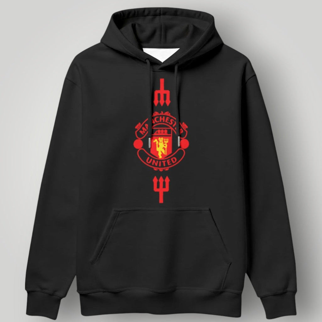 Manchester United Vertical Trident Hoodie - White & Black MUFC Two-Tone Graphic Sweatshirt