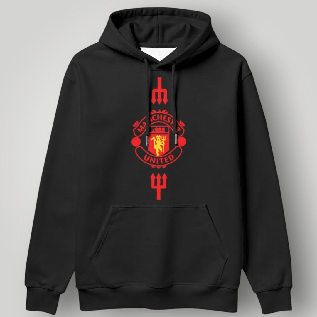 Manchester United Vertical Trident Hoodie - White & Black MUFC Two-Tone Graphic Sweatshirt