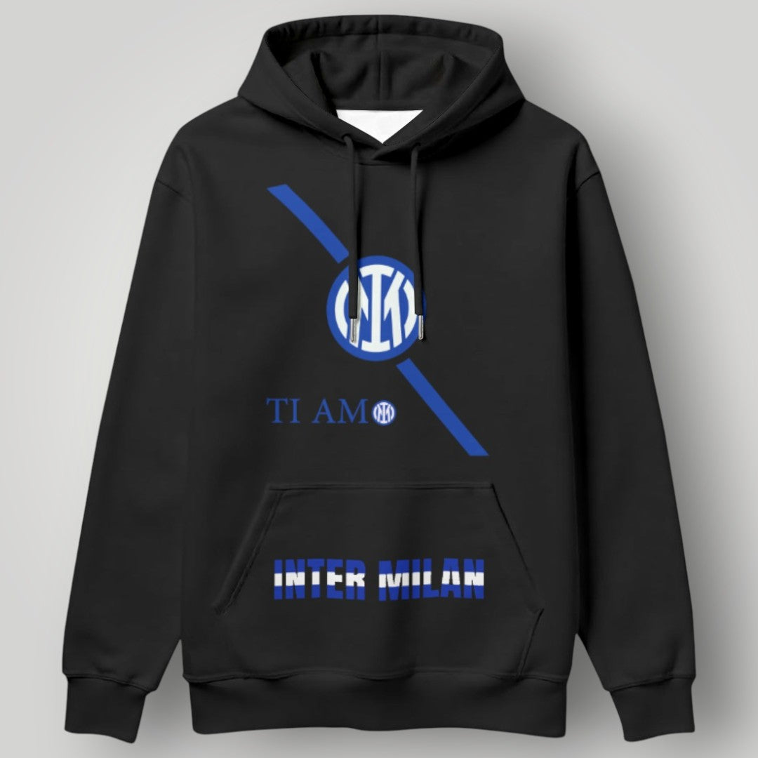 Inter Milan "Ti Amo" Passion Hoodie - Minimalist Blue Diagonal Design - Premium Black Nerazzurri Fan Pullover