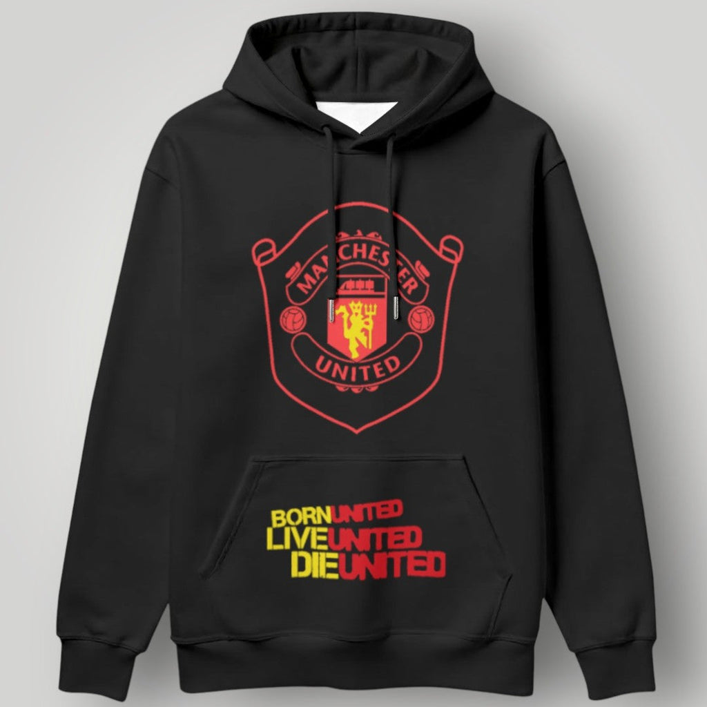 Manchester United "Born, Live, Die United" Life-Long Fan Hoodie - Black & Gold MUFC Slogan Sweatshirt