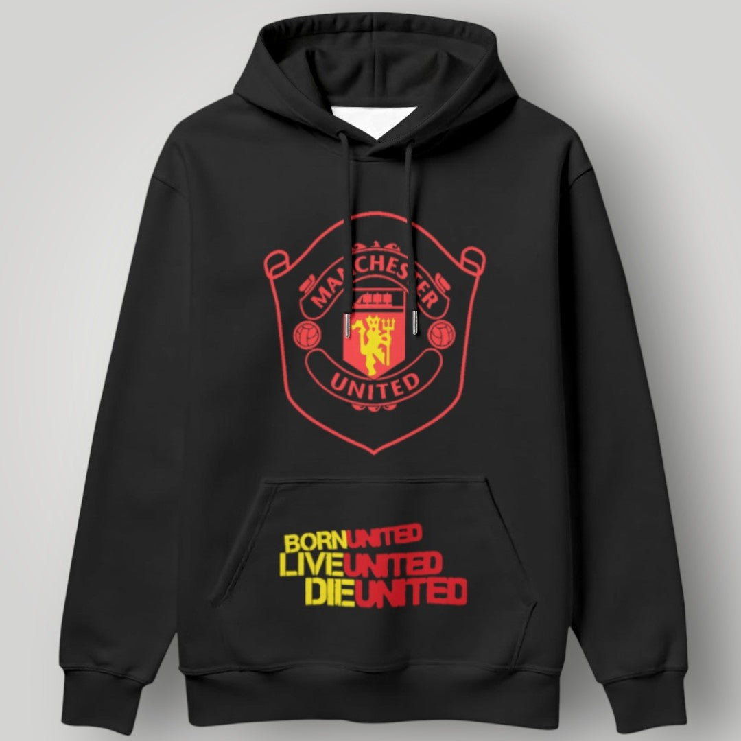 Manchester United "Born, Live, Die United" Life-Long Fan Hoodie - Black & Gold MUFC Slogan Sweatshirt