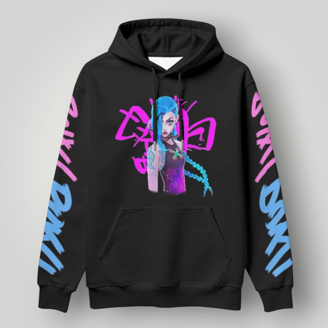 Arcane Jinx inspired neon gamer hoodie

Jinx Arcane anime cyberpunk hoodie

League of Legends Jinx fan hoodie black

Neon anime streetwear gamer sweatshirt