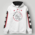 Ajax Amsterdam white hoodie with black hood and red sleeve accents featuring St. Andrew's crosses.