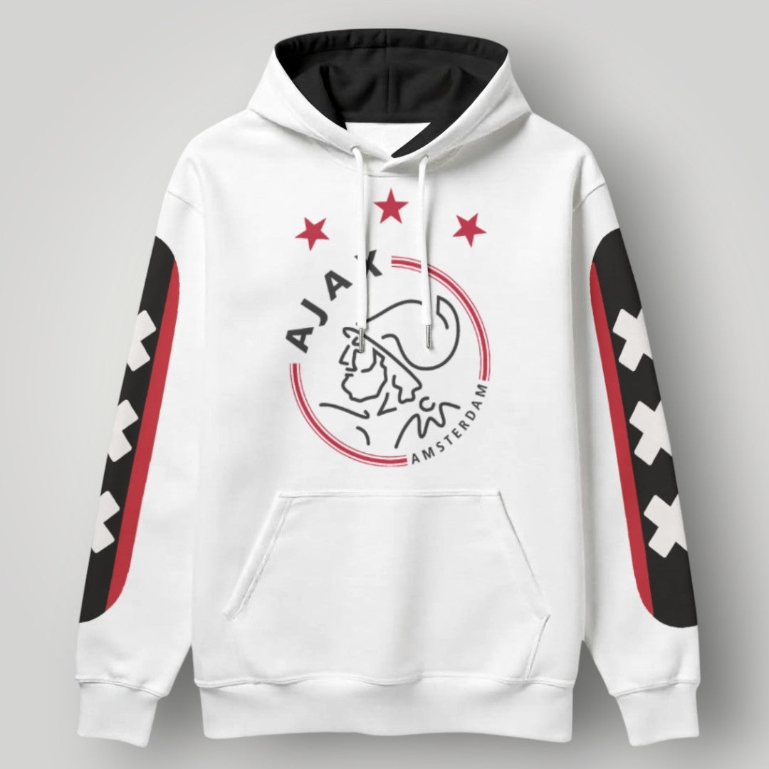 Ajax Amsterdam white hoodie with black hood and red sleeve accents featuring St. Andrew's crosses.