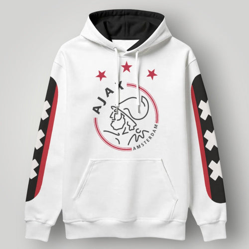 Ajax Amsterdam white hoodie with black hood and red sleeve accents featuring St. Andrew's crosses.
