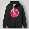 Black Ajax Amsterdam hoodie featuring a red circular crest logo and white drawstrings.