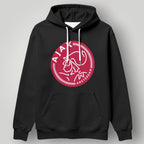 Black Ajax Amsterdam hoodie featuring a red circular crest logo and white drawstrings.