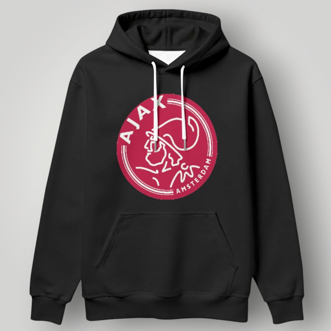 Black Ajax Amsterdam hoodie featuring a red circular crest logo and white drawstrings.