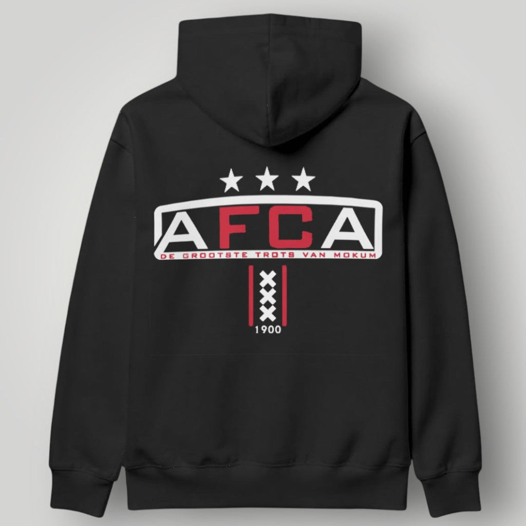 Black Ajax Amsterdam hoodie featuring a red circular crest logo and white drawstrings.