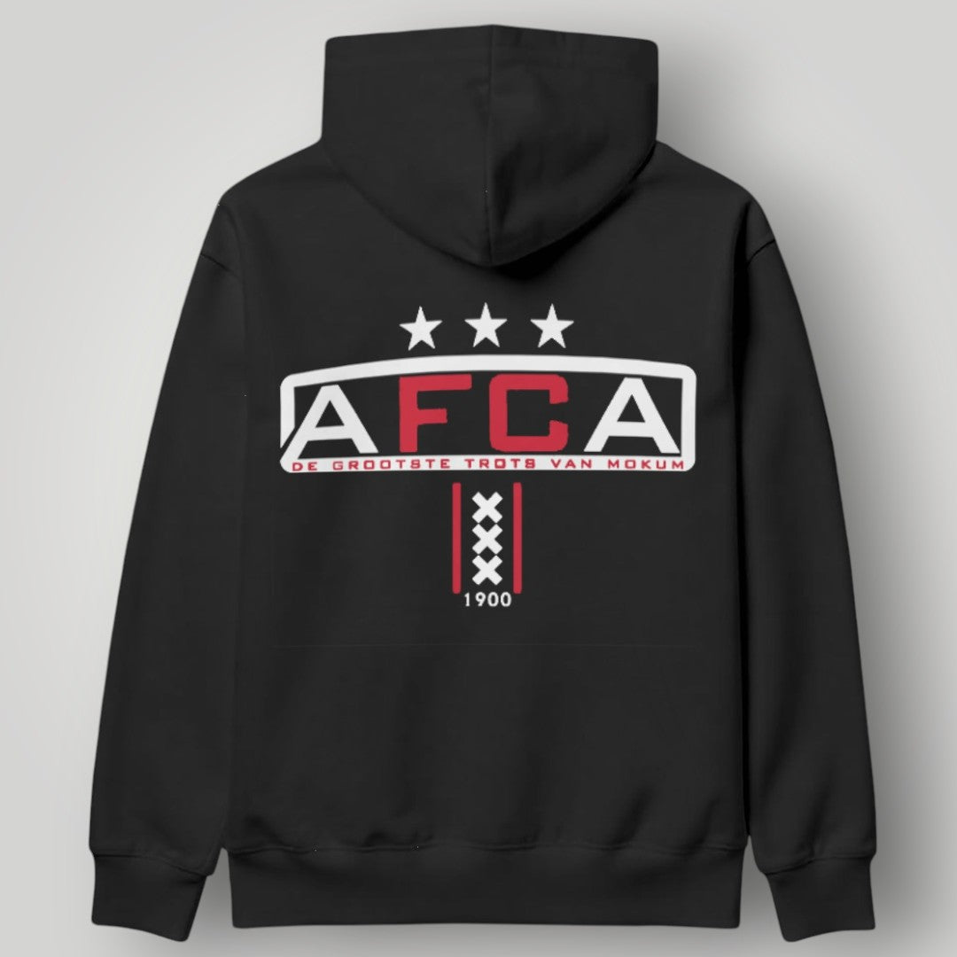Black Ajax Amsterdam hoodie featuring a red circular crest logo and white drawstrings.