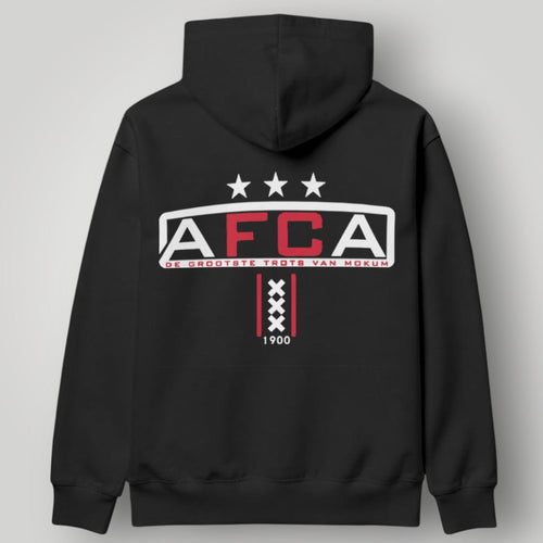 Black Ajax Amsterdam hoodie featuring a red circular crest logo and white drawstrings.