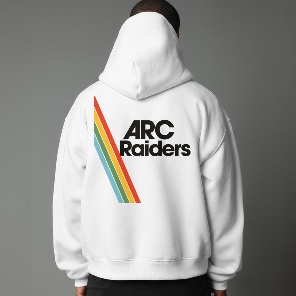Person wearing a white hoodie with 'ARC Raiders' text and rainbow stripes on the back against a gray background