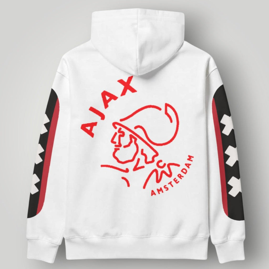 Ajax Amsterdam white hoodie with black hood and red sleeve accents featuring St. Andrew's crosses.