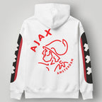 Ajax Amsterdam white hoodie with black hood and red sleeve accents featuring St. Andrew's crosses.