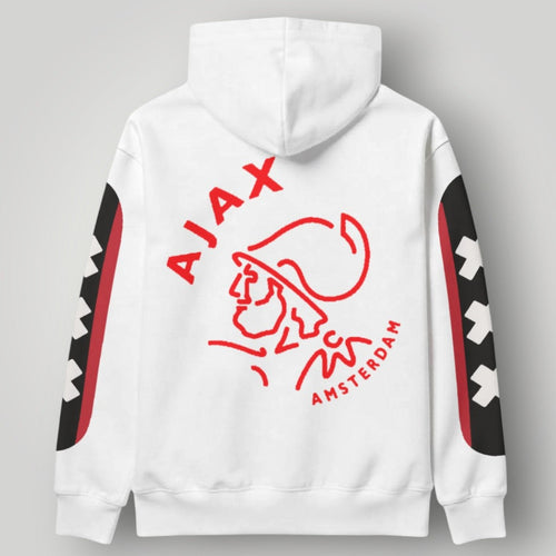 Ajax Amsterdam white hoodie with black hood and red sleeve accents featuring St. Andrew's crosses.