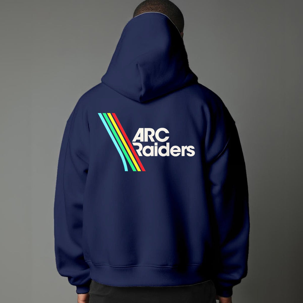 Person wearing a navy hoodie with 'ARC Raiders' logo on the back against a gray background
