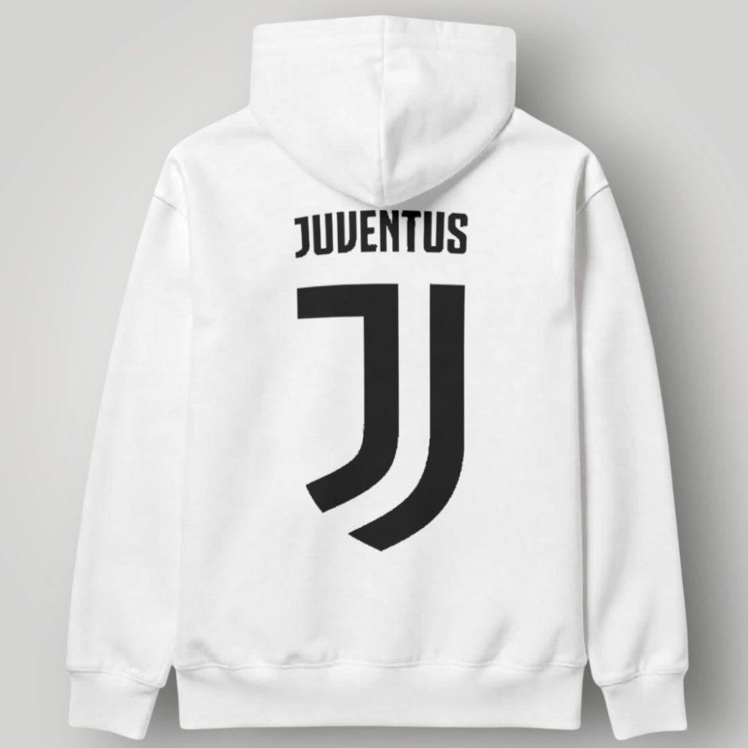 Juventus "JUVE" Repeating Typography Hoodie - Italian Tricolore Circle Crest Fan Gear