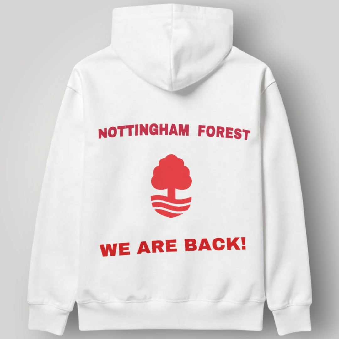 Nottingham Forest "We Are Back" Hoodie - Bold Red Circular Crest Pullover - NFFC Premier League Fan Apparel