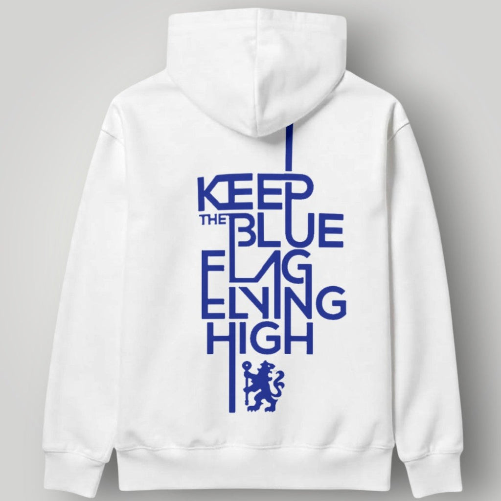 Chelsea FC "Blue Flag" Edition Hoodie – White Heritage Lion Crest Fan Anthem Pullover