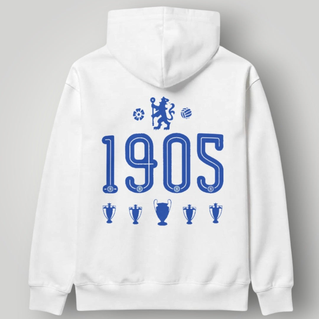 Chelsea FC White Heritage Edition Hoodie – Blue 1905 Lion Crest Urban Pullover