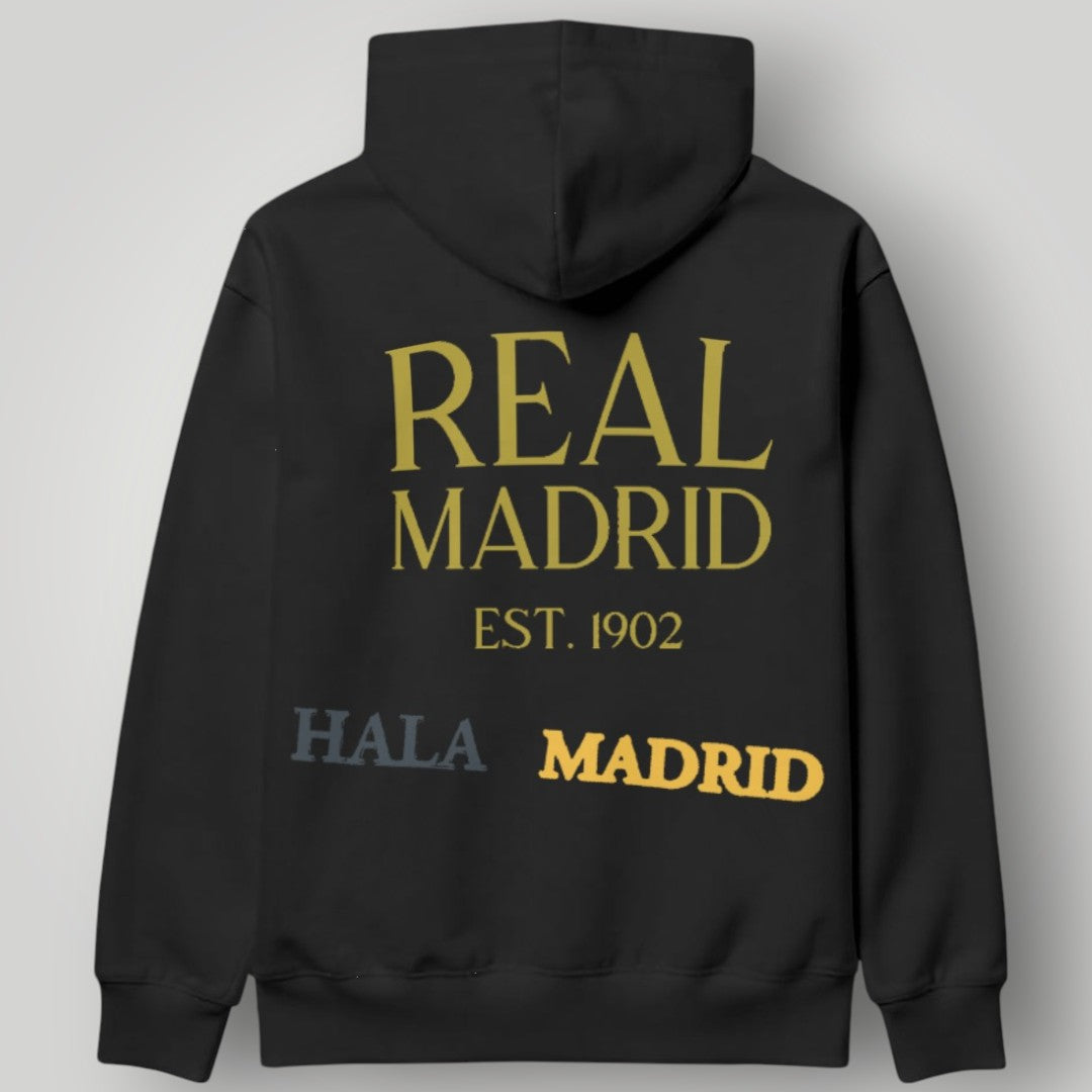 Real Madrid Victory Stripe Hoodie - Horizontal Royal Crest Black Fan Pullover