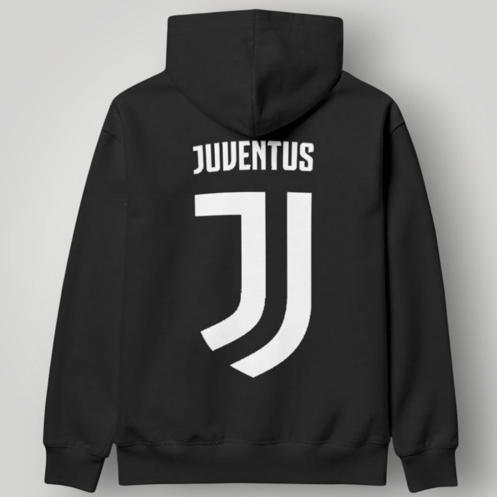 Juventus "JUVE" Repeating Typography Hoodie - Italian Tricolore Circle Crest Fan Gear