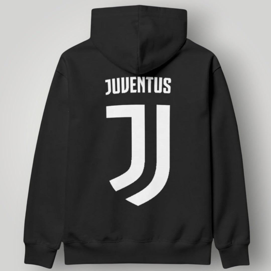 Juventus "JUVE" Repeating Typography Hoodie - Italian Tricolore Circle Crest Fan Gear