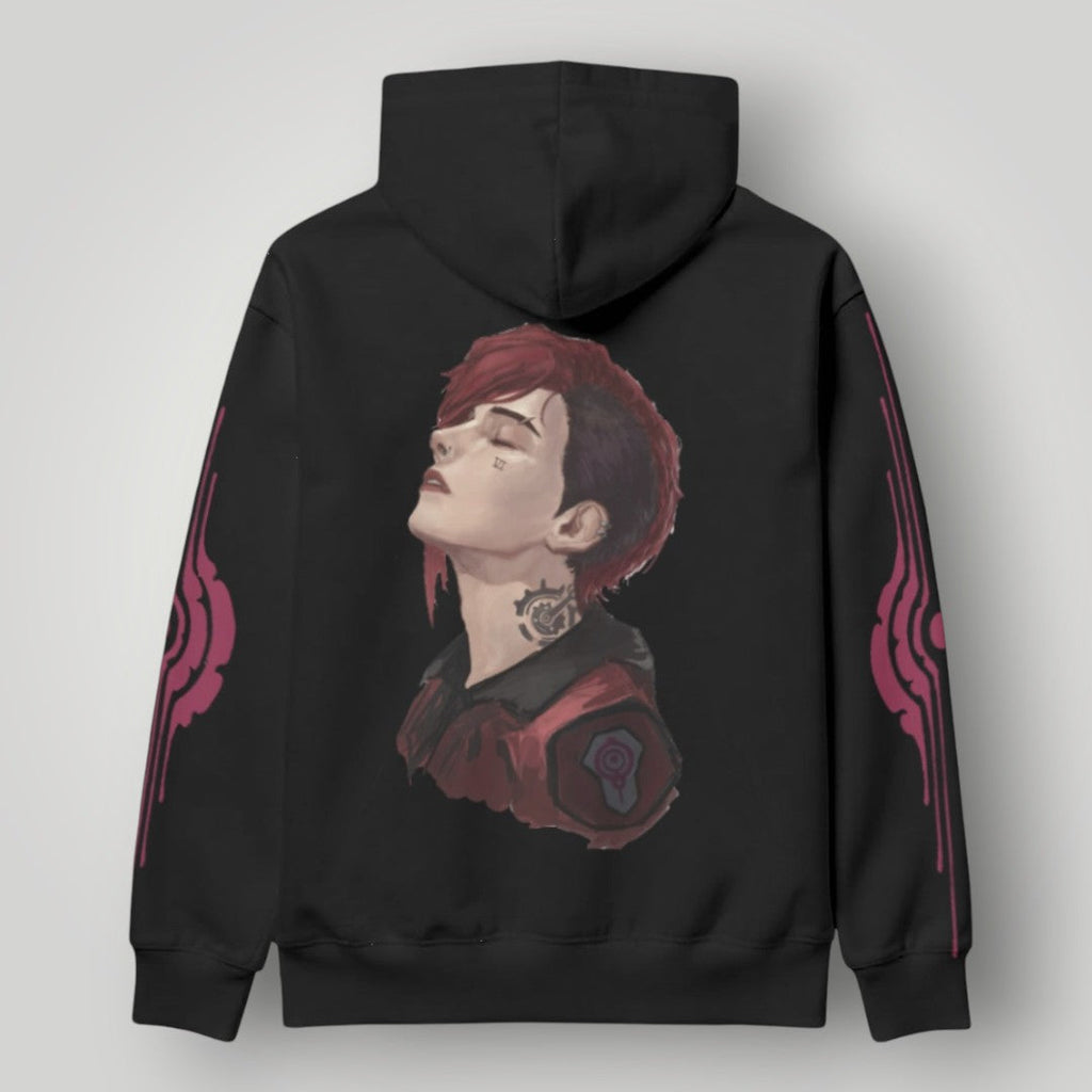 Arcane Vi inspired gamer hoodie front view

League of Legends Vi fan hoodie black

Anime streetwear Vi cosplay hoodie

Arcane style cyberpunk gamer sweatshirt