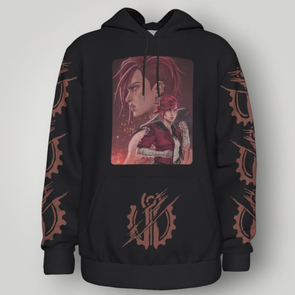 Arcane Vi inspired gamer hoodie front view

League of Legends Vi fan hoodie black

Anime streetwear Vi cosplay hoodie

Arcane style cyberpunk gamer sweatshirt