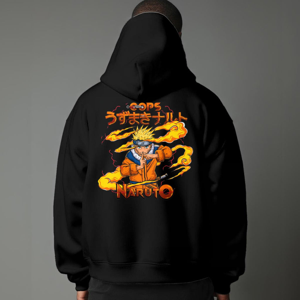 Black pullover hoodie featuring Naruto Uzumaki portrait on chest and vertical orange Japanese Kanji text on sleeves, worn by model on grey background.