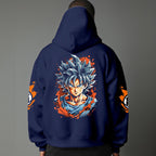 Black pullover hoodie with orange Goku silhouette on chest and vintage 1984 Dragon Ball graphics on sleeves, worn by model on grey background.