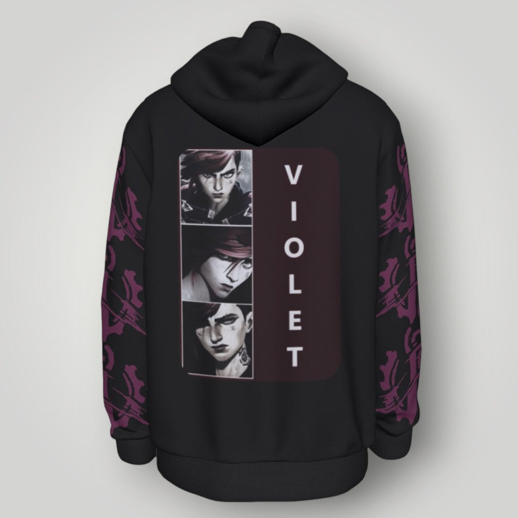 Arcane Vi inspired gamer hoodie front view

League of Legends Vi fan hoodie black

Anime streetwear Vi cosplay hoodie

Arcane style cyberpunk gamer sweatshirt
