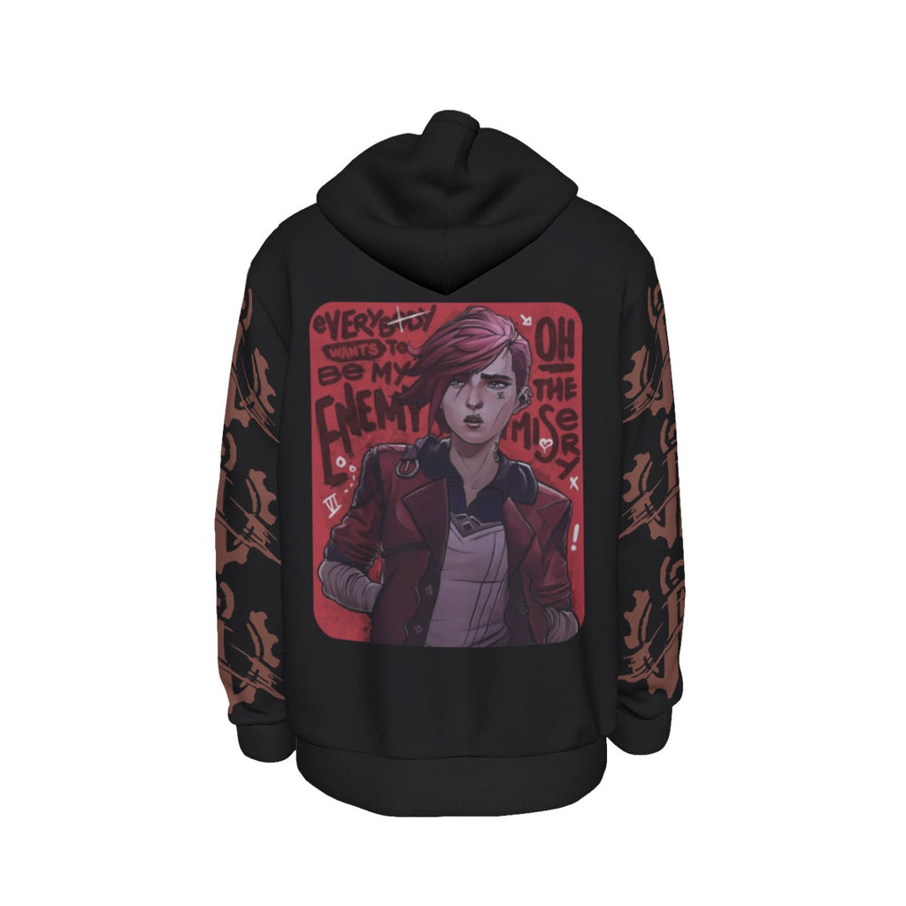 Arcane Vi inspired gamer hoodie front view

League of Legends Vi fan hoodie black

Anime streetwear Vi cosplay hoodie

Arcane style cyberpunk gamer sweatshirt