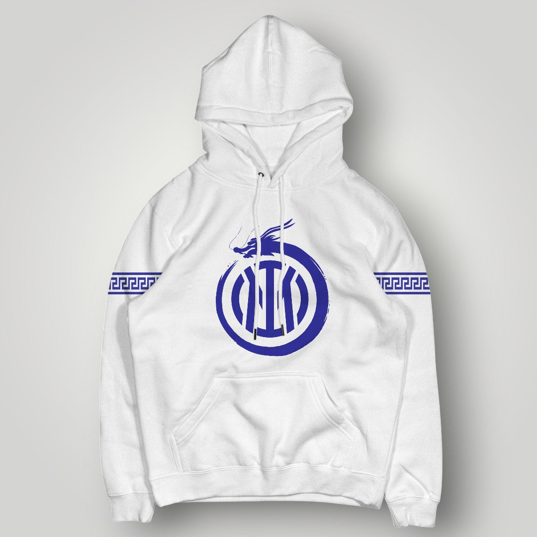 Inter Milan Dragon Crest Hoodie - Minimalist Blue IM Logo Pullover - White Nerazzurri Streetwear with Patterned Sleeves