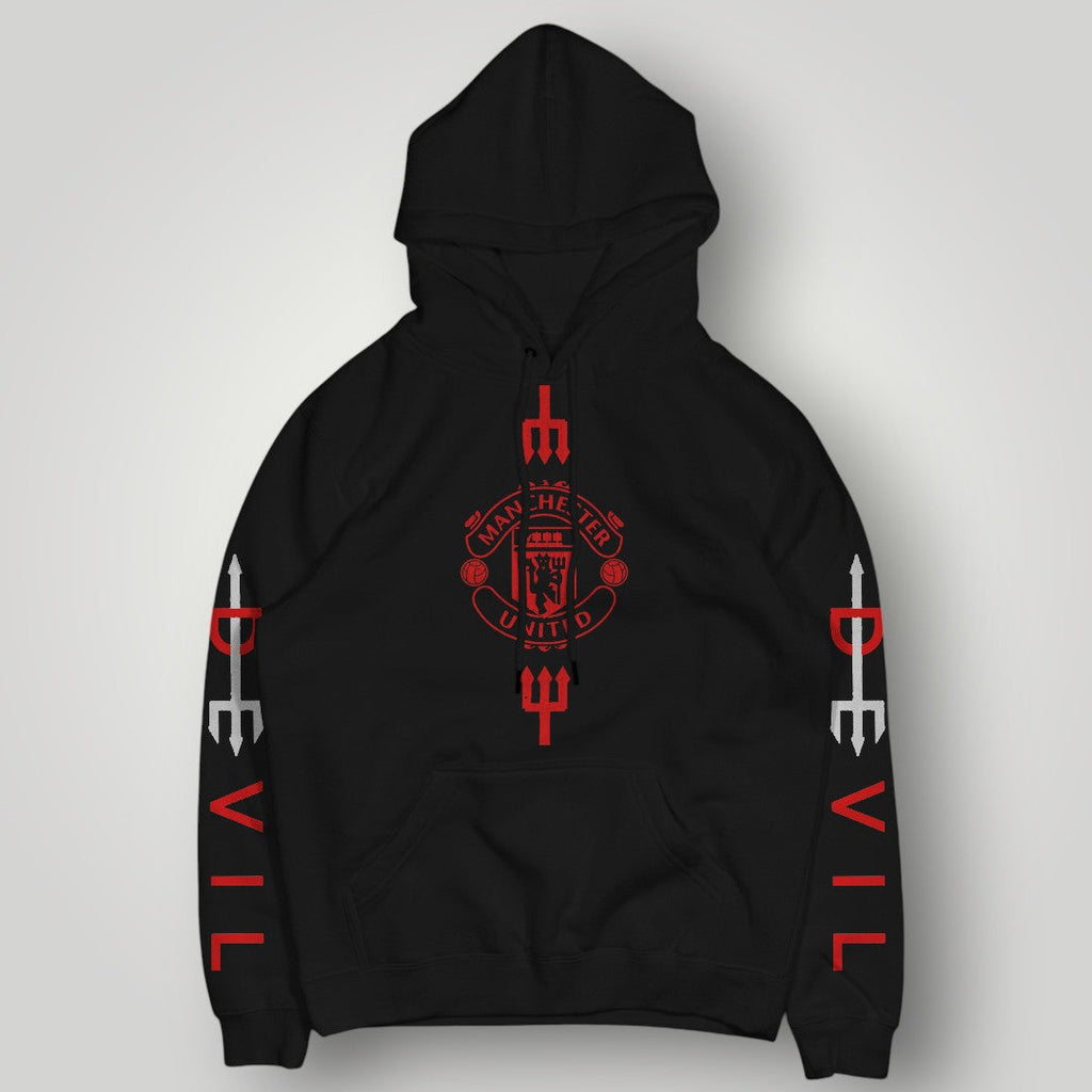 Manchester United "DEVIL" Bold Sleeve Print Hoodie - Black MUFC Trident Graphic Sweatshirt