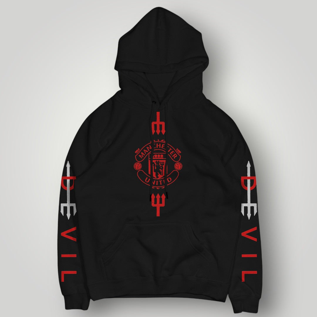 Manchester United "DEVIL" Bold Sleeve Print Hoodie - Black MUFC Trident Graphic Sweatshirt