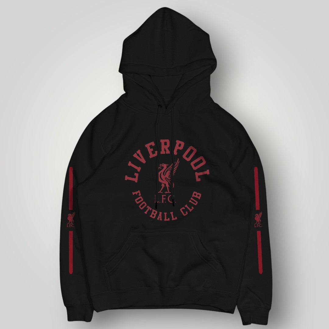 Liverpool F.C. Retro Circle Crest Hoodie - Red Typography & Side Stripe Fan Edition