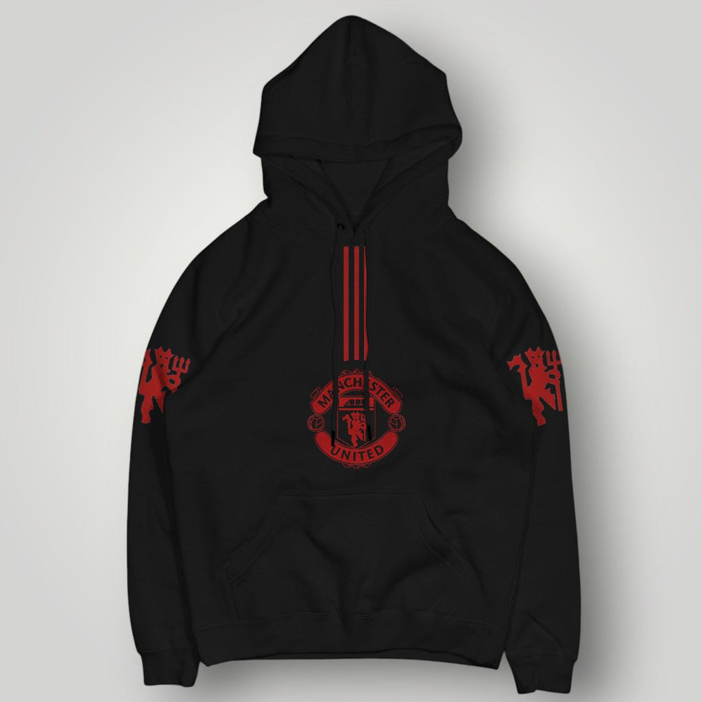 Manchester United "Red Devils" Vertical Stripe Hoodie - Black MUFC Graphic Fan Streetwear