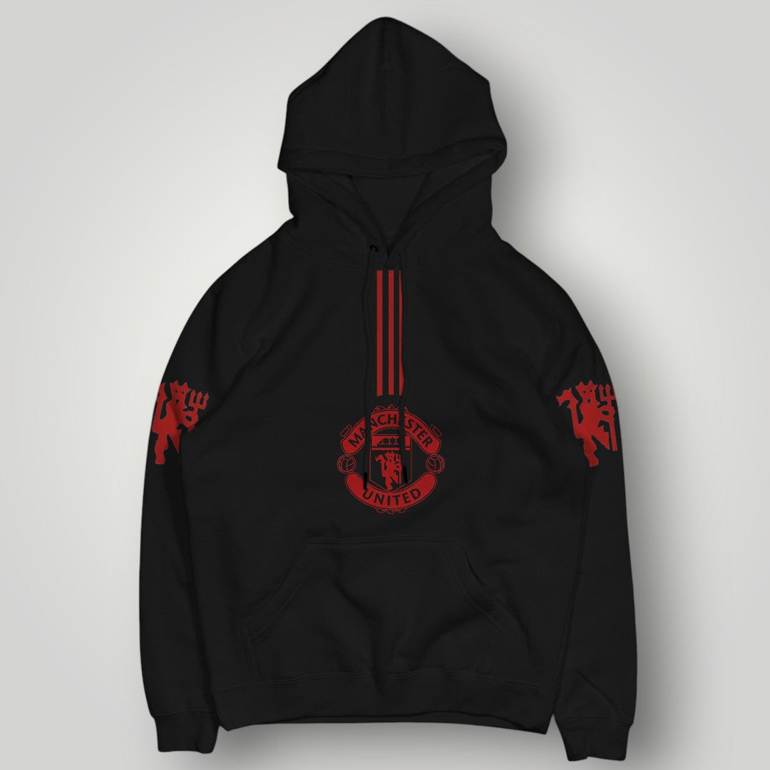 Manchester United "Red Devils" Vertical Stripe Hoodie - Black MUFC Graphic Fan Streetwear
