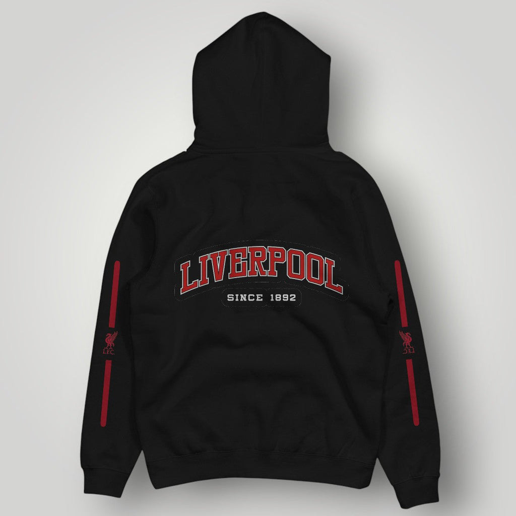 Liverpool F.C. Retro Circle Crest Hoodie - Red Typography & Side Stripe Fan Edition